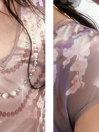 Tuscan Floral Sculpture Print Two Piece Dress V-neck T-shirt Long Sleeve