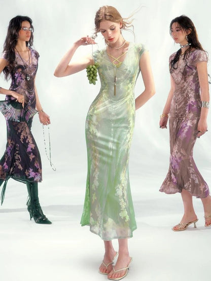 Tuscan Floral Sculpture Print Two Piece Dress V-neck T-shirt Long Sleeve