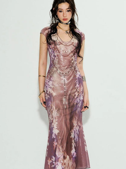 Tuscan Floral Sculpture Print Two Piece Dress V-neck T-shirt Long Sleeve