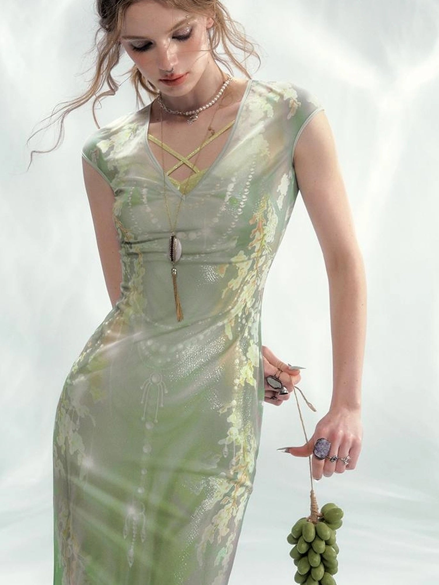 Tuscan Floral Sculpture Print Two Piece Dress V-neck T-shirt Long Sleeve