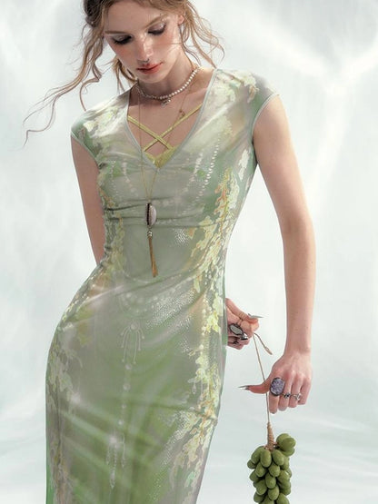 Tuscan Floral Sculpture Print Two Piece Dress V-neck T-shirt Long Sleeve