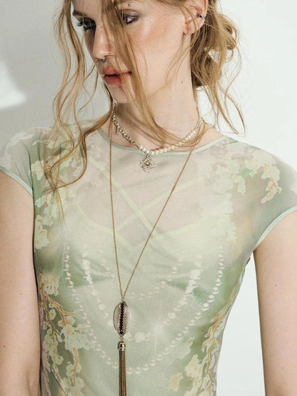 Tuscan Floral Sculpture Print Two Piece Dress V-neck T-shirt Long Sleeve