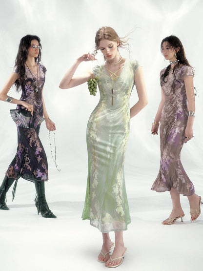 Tuscan Floral Sculpture Print Two Piece Dress V-neck T-shirt Long Sleeve