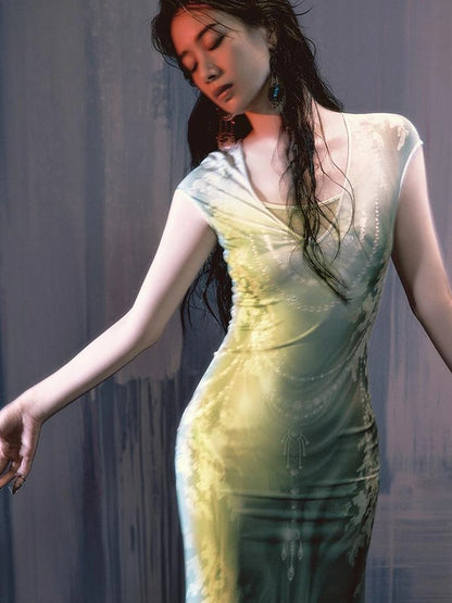 Tuscan Floral Sculpture Print Two Piece Dress V-neck T-shirt Long Sleeve