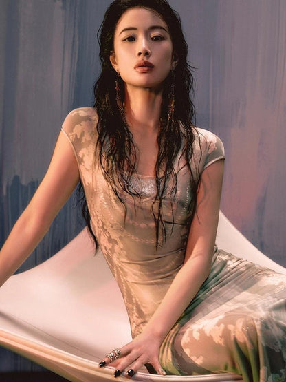 Tuscan Floral Sculpture Print Two Piece Dress V-neck T-shirt Long Sleeve