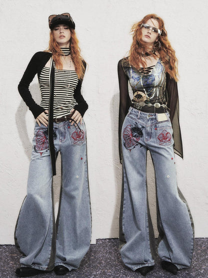 OfAkiva Two Tone Cat Floral Embroidered Asymmetric Pocket Women&