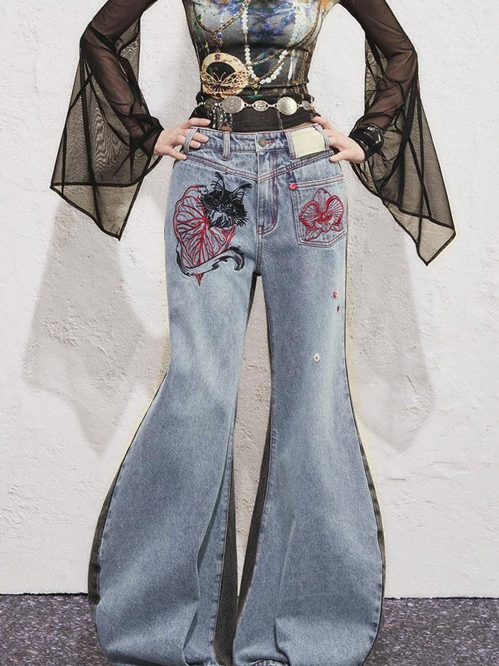 OfAkiva Two Tone Cat Floral Embroidered Asymmetric Pocket Women&
