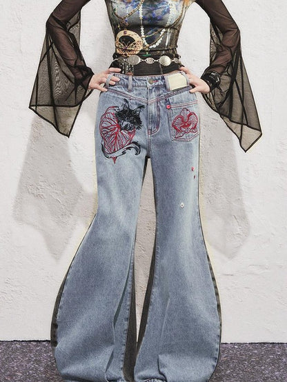OfAkiva Two Tone Cat Floral Embroidered Asymmetric Pocket Women&