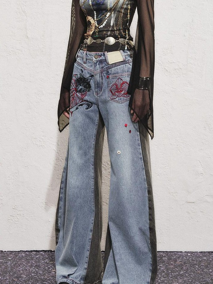 OfAkiva Two Tone Cat Floral Embroidered Asymmetric Pocket Women&