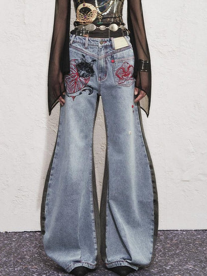 OfAkiva Two Tone Cat Floral Embroidered Asymmetric Pocket Women&