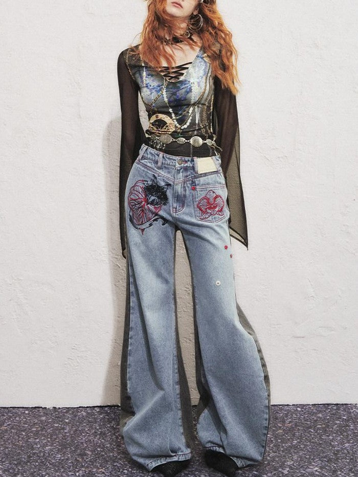 OfAkiva Two Tone Cat Floral Embroidered Asymmetric Pocket Women&