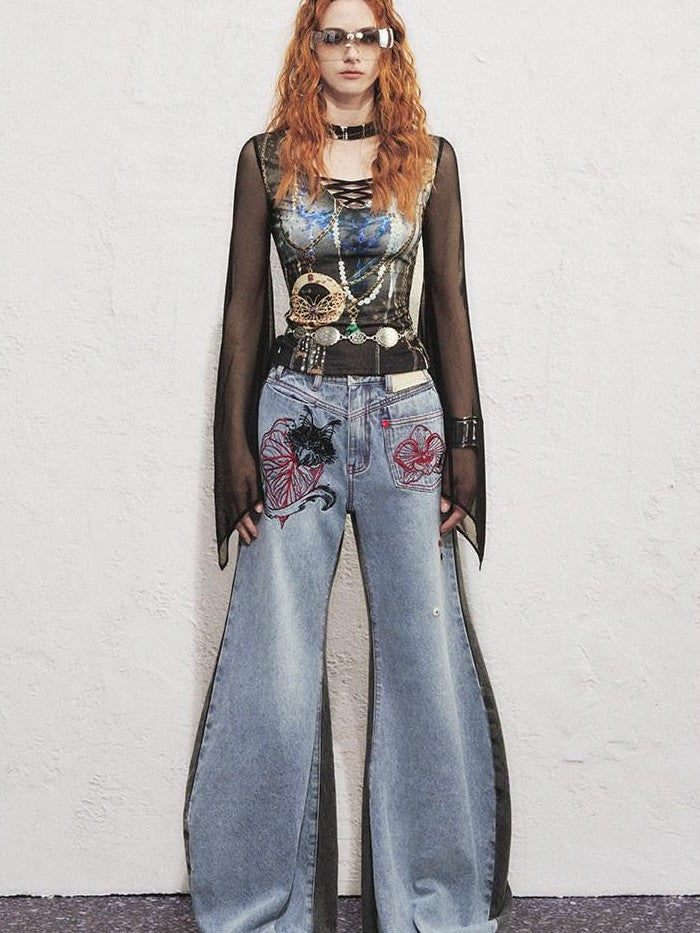 OfAkiva Two Tone Cat Floral Embroidered Asymmetric Pocket Women&