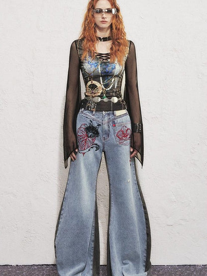 OfAkiva Two Tone Cat Floral Embroidered Asymmetric Pocket Women&