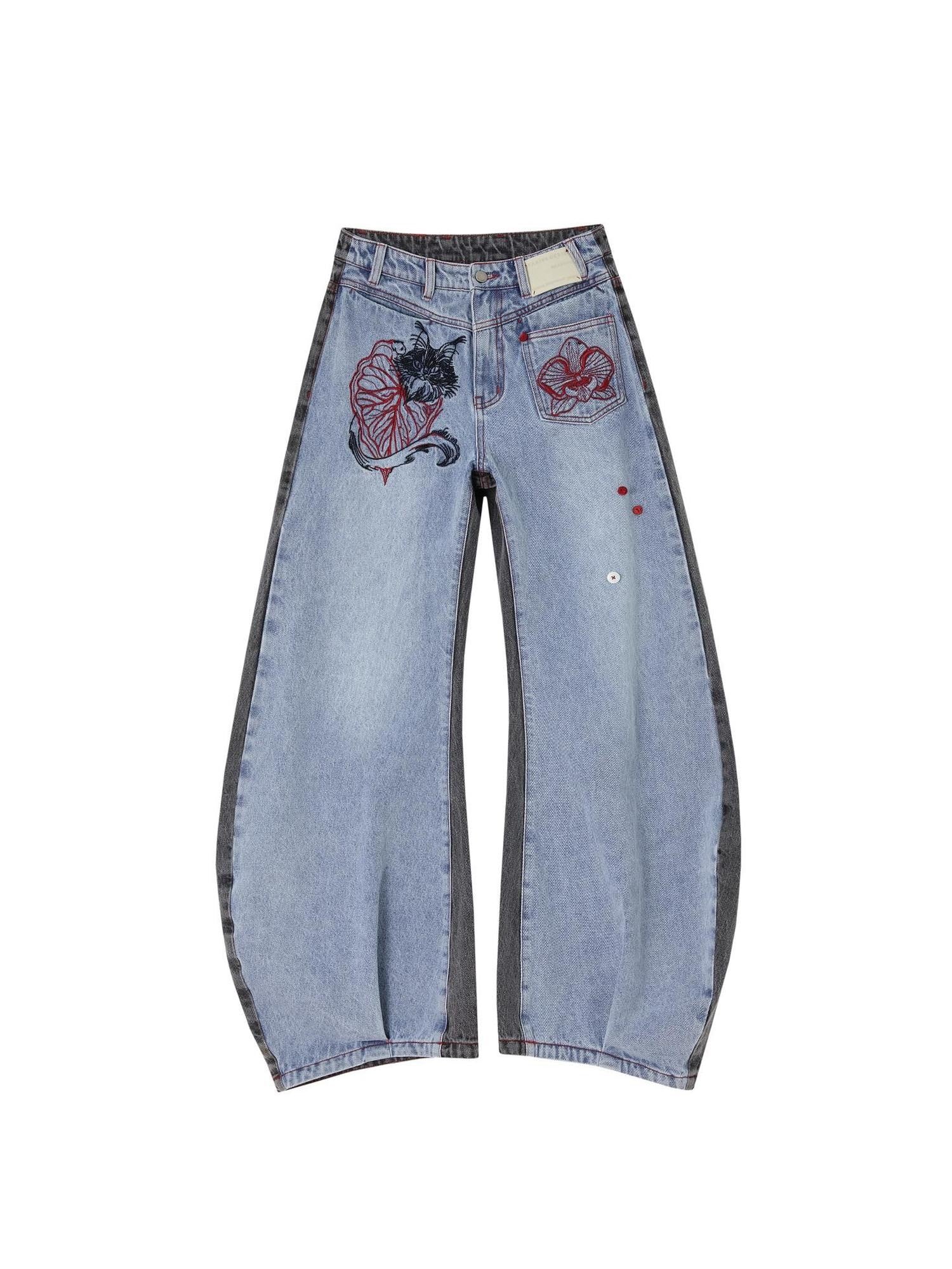 OfAkiva Two Tone Cat Floral Embroidered Asymmetric Pocket Women&