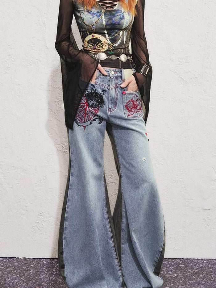 OfAkiva Two Tone Cat Floral Embroidered Asymmetric Pocket Women&