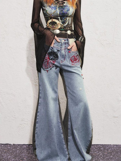 OfAkiva Two Tone Cat Floral Embroidered Asymmetric Pocket Women&