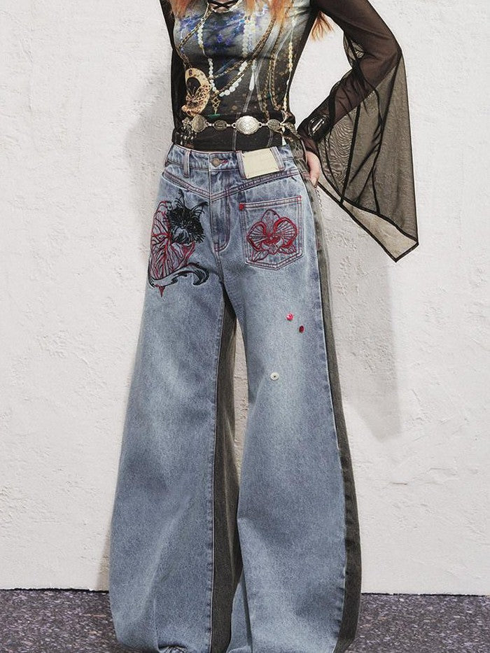 OfAkiva Two Tone Cat Floral Embroidered Asymmetric Pocket Women&