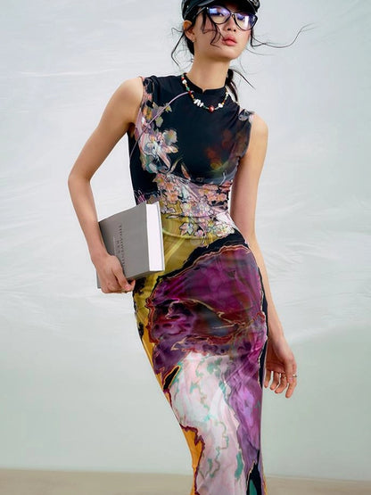 OfAkiva Two Tone Reversible Floral Qipao Dress