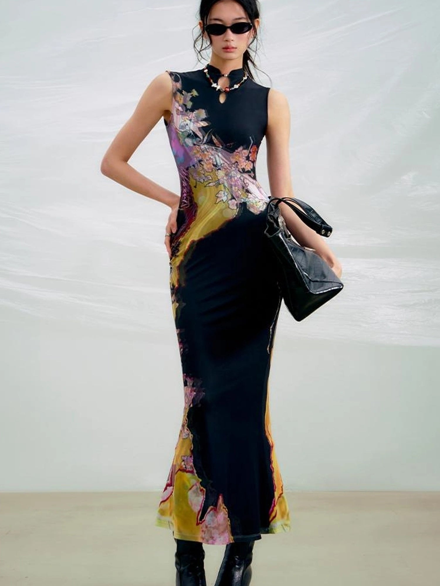 OfAkiva Two Tone Reversible Floral Qipao Dress