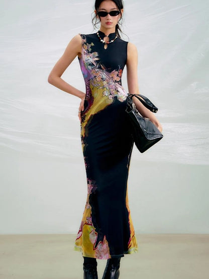 OfAkiva Two Tone Reversible Floral Qipao Dress