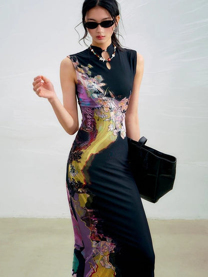 OfAkiva Two Tone Reversible Floral Qipao Dress