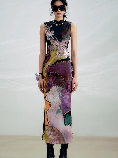 OfAkiva Two Tone Reversible Floral Qipao Dress