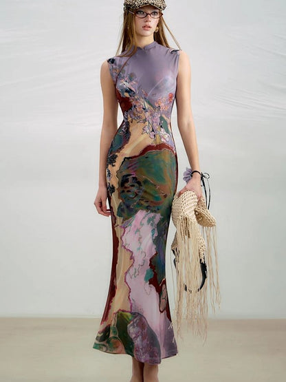 OfAkiva Two Tone Reversible Floral Qipao Dress