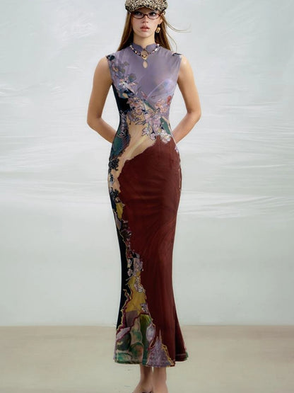 OfAkiva Two Tone Reversible Floral Qipao Dress