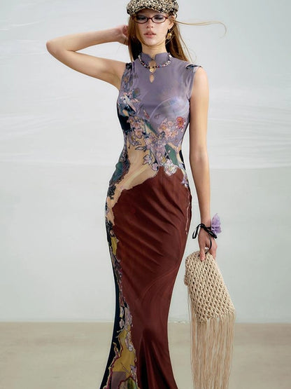 OfAkiva Two Tone Reversible Floral Qipao Dress