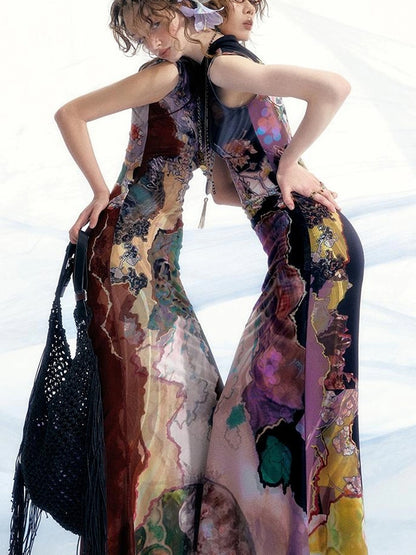 OfAkiva Two Tone Reversible Floral Qipao Dress