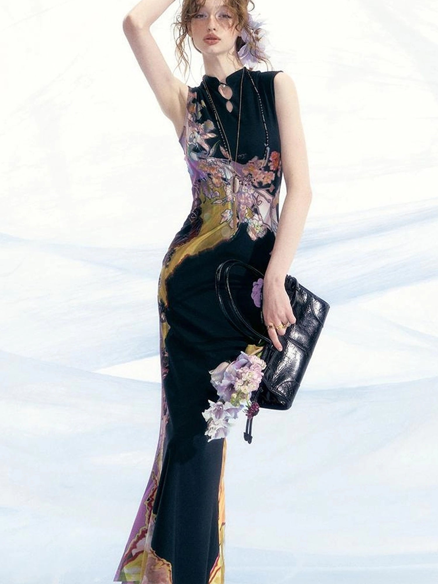 OfAkiva Two Tone Reversible Floral Qipao Dress