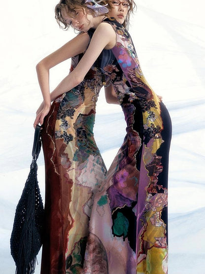 OfAkiva Two Tone Reversible Floral Qipao Dress