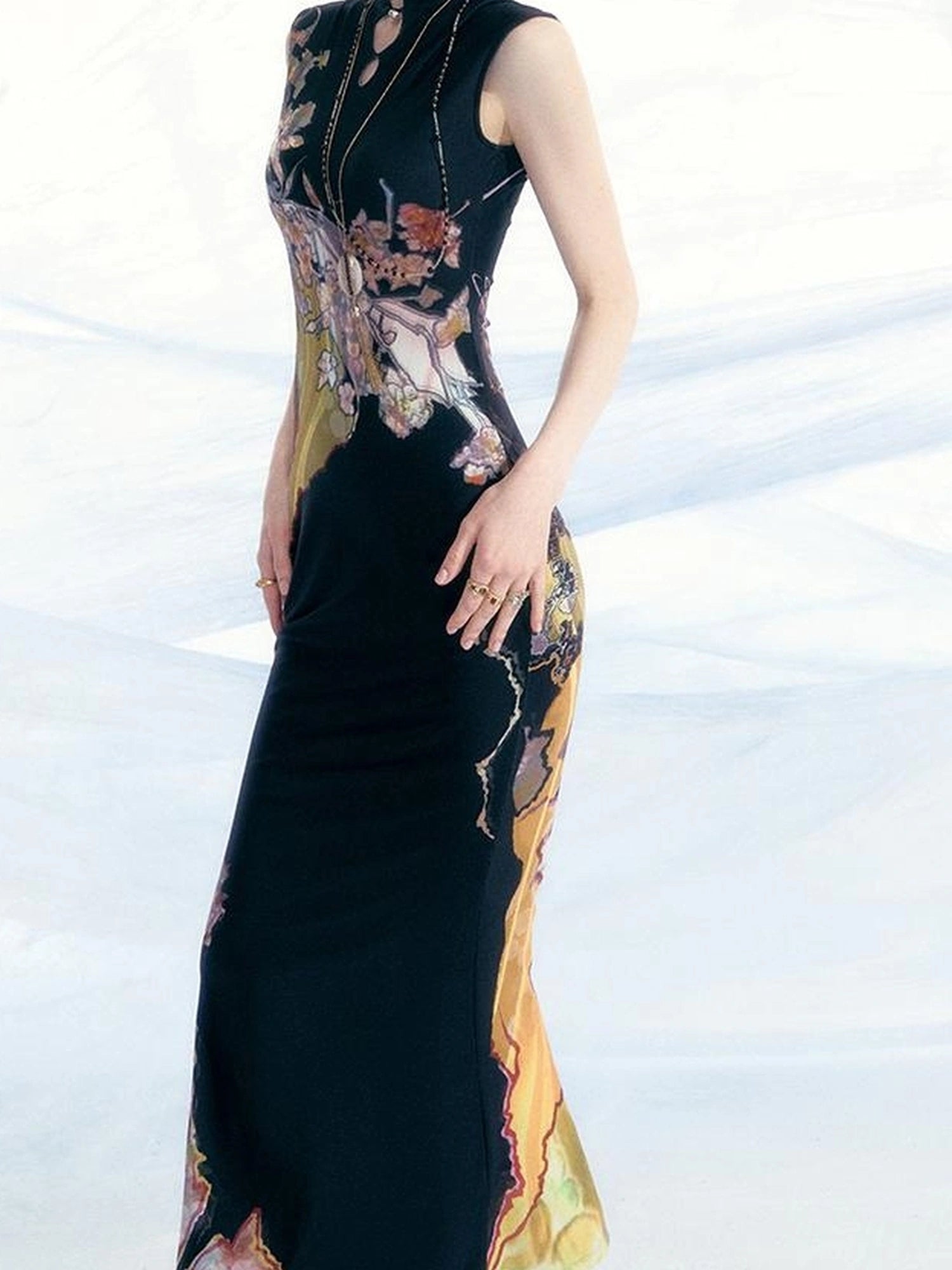 OfAkiva Two Tone Reversible Floral Qipao Dress