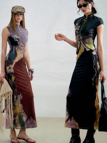 OfAkiva Two Tone Reversible Floral Qipao Dress