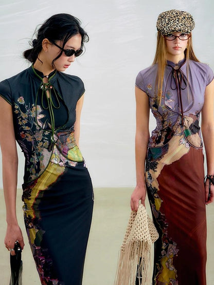 OfAkiva Two Tone Reversible Floral Qipao Dress