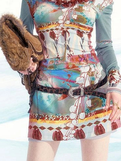 OfAkiva Two Way Off Shoulder Top Skirt Set With Ink Painting Print