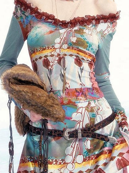 OfAkiva Two Way Off Shoulder Top Skirt Set With Ink Painting Print