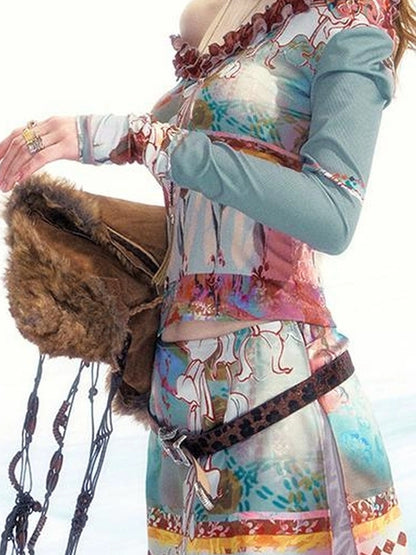 OfAkiva Two Way Off Shoulder Top Skirt Set With Ink Painting Print