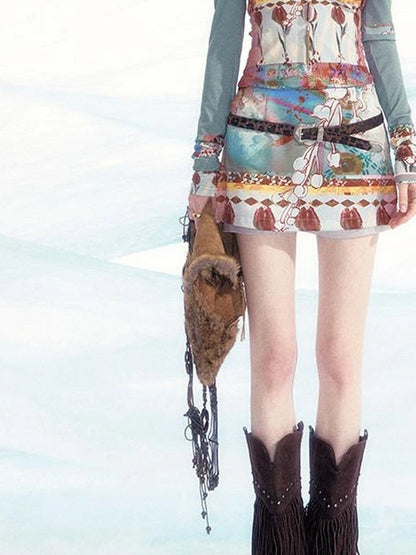 OfAkiva Two Way Off Shoulder Top Skirt Set With Ink Painting Print