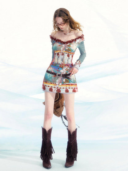 OfAkiva Two Way Off Shoulder Top Skirt Set With Ink Painting Print