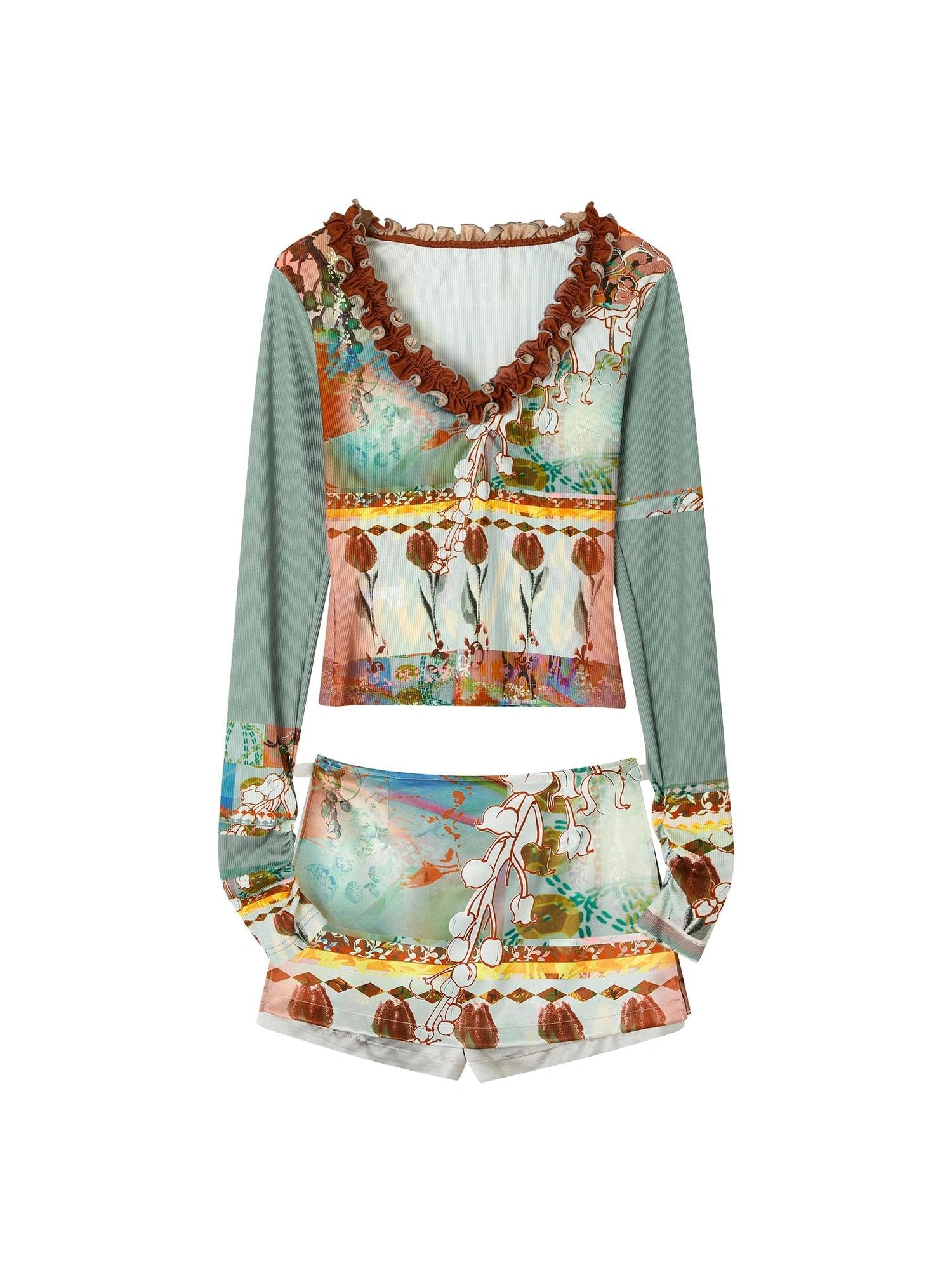 OfAkiva Two Way Off Shoulder Top Skirt Set With Ink Painting Print