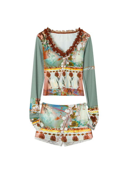 OfAkiva Two Way Off Shoulder Top Skirt Set With Ink Painting Print