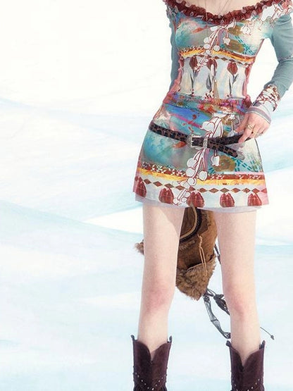 OfAkiva Two Way Off Shoulder Top Skirt Set With Ink Painting Print