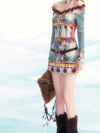 OfAkiva Two Way Off Shoulder Top Skirt Set With Ink Painting Print