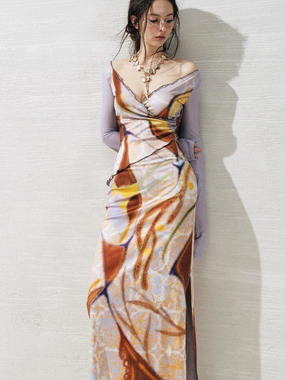 OfAkiva V-Neck Geometric Print Midi Dress