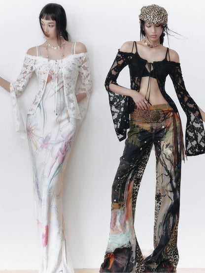 OfAkiva V-Neck Lace-Up Bell Sleeve Blouse