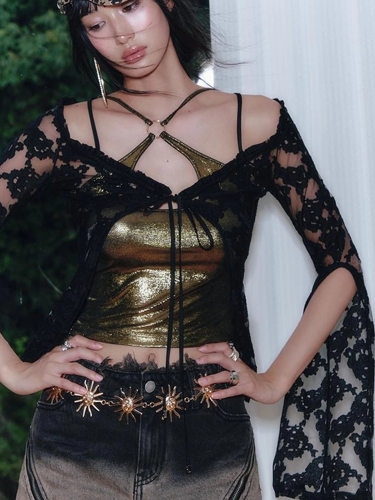 OfAkiva V-Neck Lace-Up Bell Sleeve Blouse