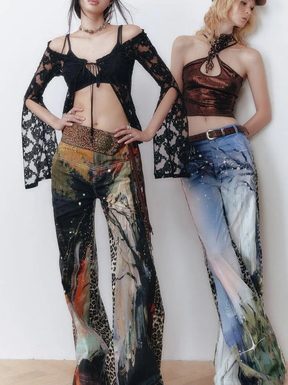 OfAkiva V-Neck Lace-Up Bell Sleeve Blouse