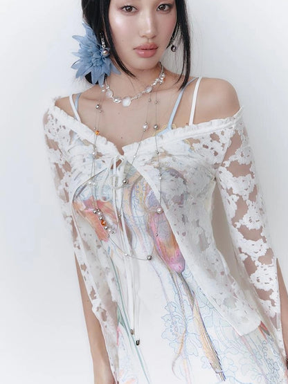 OfAkiva V-Neck Lace-Up Bell Sleeve Blouse