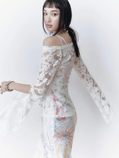 OfAkiva V-Neck Lace-Up Bell Sleeve Blouse